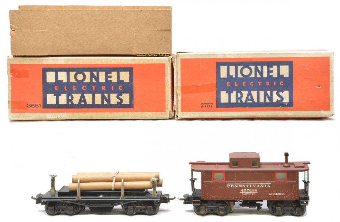 Lionel 3651 Lumber Car 2757 PRR Caboose OBs.: Lionel prewar O gauge 3651 remote control lumber car with wood load and a 2757 Pennsylvania caboose both in OBs. The 3651 OB has an original cardboard insert. The lumber car has paint touchup on one c