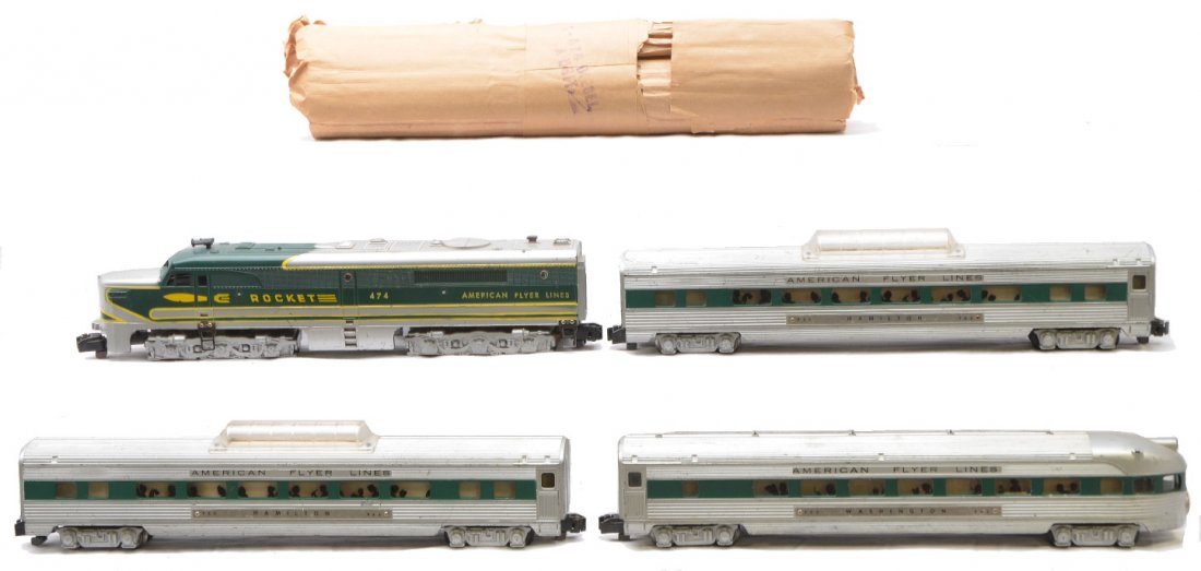 Am Flyer The Silver Rocket Pass Set no. K5364W: American Flyer S gauge The Silver Rocket passenger set no. K5364W, circa 1954 containing; 474 diesel A unit with original paper wrap, two 962 Hamilton vista domes, 963 Washington observation. The engi