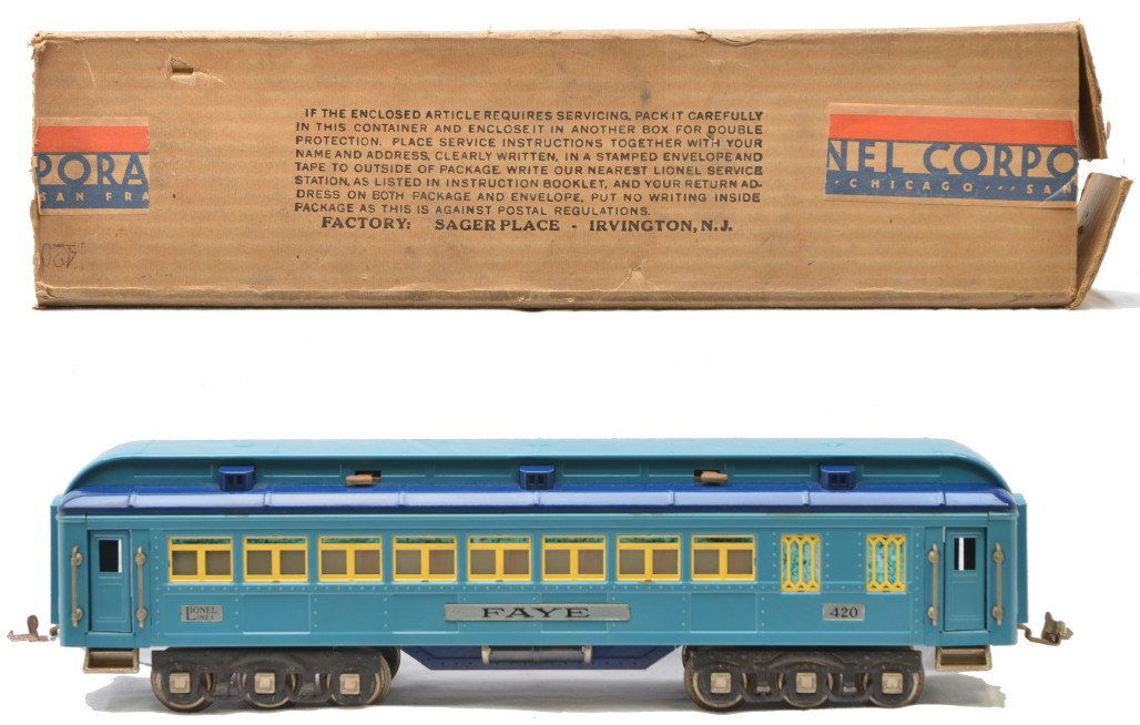 Lionel 420 Blue Comet Faye Pullman Boxed: Lionel prewar standard gauge 420 Blue Comet Faye Pullman car with nickel trim in OB. One coupler on the car is broken. The couplers, steps and latches on the roof have light corrosion. The car is C7-8