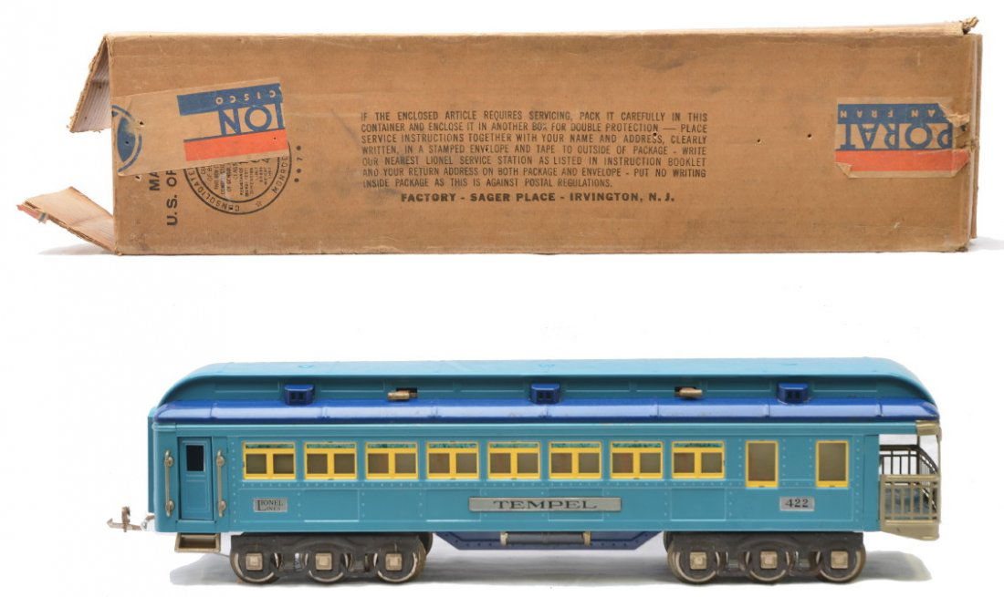 Lionel 422 Blue Comet Tempel Observation Boxed: Lionel prewar standard gauge 422 Blue Comet Tempel observation car with nickel trim in OB. The couplers, steps and latches on the roof have light corrosion. The car is C7-8. The OB has all flaps attac
