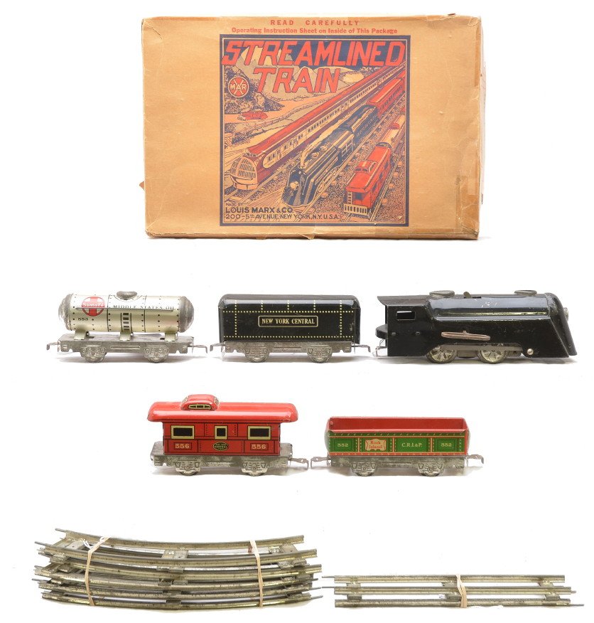 Marx Lithographed Freight Set no. 540 Boxed: Marx lithographed freight set no. 540 in set box containing; black Commodore Vanderbilt 0-4-0 steam loco, four wheel New York Central tender and three four wheel freight cars including; 552 Rock Islan