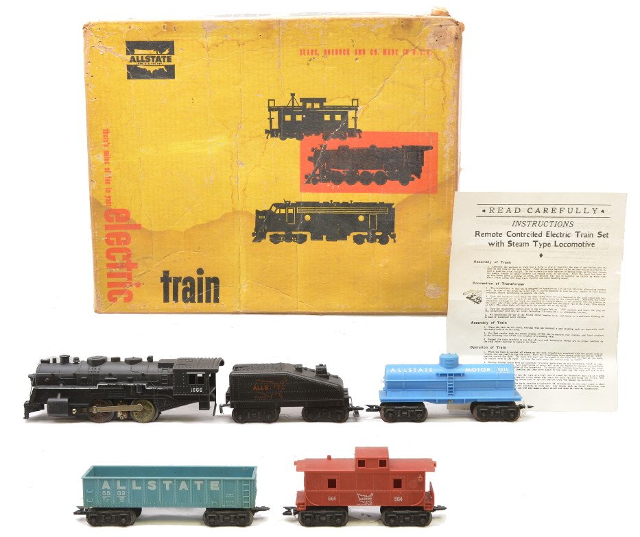 Marx Allstate Sears Freight Set no. 9715 OB: Marx Allstate Sears freight set no. 9715 in set box with original cardboard inserts including; 1666 black 2-4-0 steam loco, Allstate slope-back tender, Allstate Motor Oil tank, 5532 Allstate gondola a