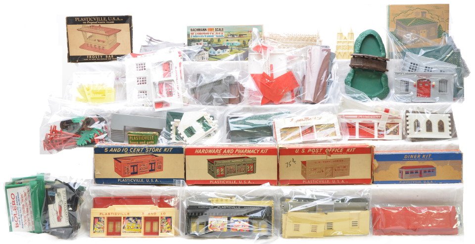 Large Selection of Plasticville Buildings: Large Selection of Plasticville buildings; PD-3 Police Dept., 1401 Frosty Bar, DE-7 Diner, DH-2 Hardware & Pharmacy, PO-1 U.S. Post Office and 1814 Switch Tower all in OBs, CS-5 5 and 10 Cent Store, H