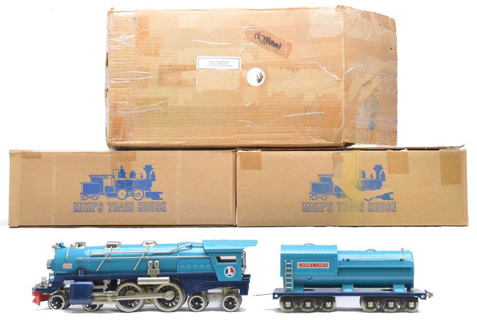 MTH 400E Blue Comet Loco 400T Tender MIB: MTH standard gauge 400E Blue Comet 4-4-4 steam loco with a 400T tender both in individual OBs and outer master carton. The loco and tender have all nickel trim. Loco and tender have very light run tim