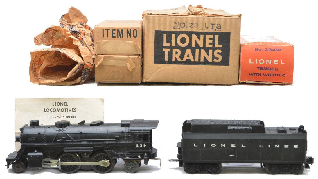 Lionel 239LTS Scout 239 Loco 234W Tender OBs: Lionel postwar 239LTS including a 239 Scout black 2-4-2 steam loco with original paper wrap and 234W tender both in individual boxes and outer master carton. The loco and tender have light run time an