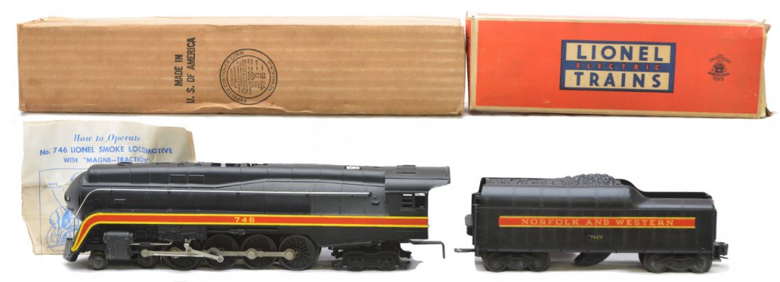 Lionel 746 N&W Class J Northern Loco Tender OBs: Lionel postwar 746 Norfolk & Western 4-8-4 Class J Northern loco with instruction sheet and 746W tender that has a short stripe both in OBs, C8. The loco OB is missing one interior flap. The tender bo