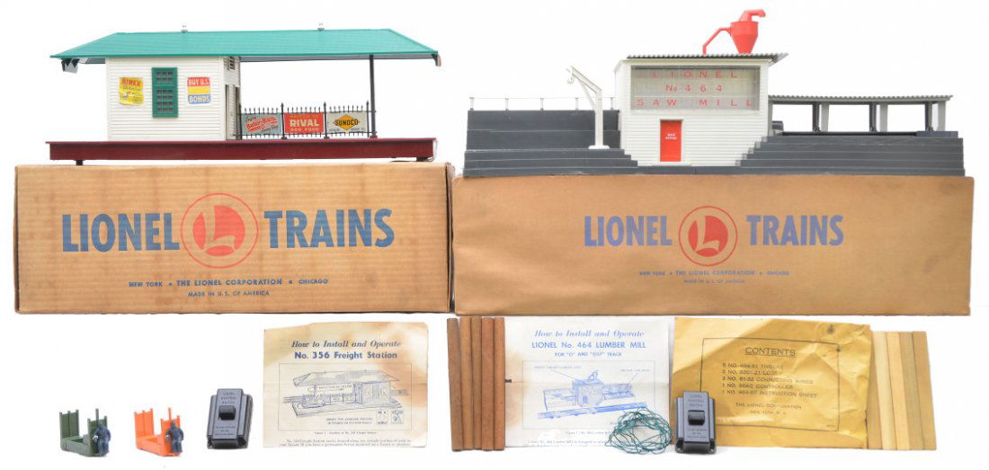 Lionel 356 Freight Station 464 Lumber Mill OBs: Lionel postwar 356 freight station with 364C controller, two hand carts and instruction sheet and a 464 lumber mill with packet, five timbers, five logs, 364C controller, wires and instructions sheet
