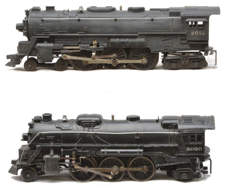 Lionel 2026 Steam Loco 2055 Steam Loco: Lionel postwar 2026 black 2-6-2 steam loco and a 2055 black 4-6-4 steam loco. The 2055 is C7 and the 2026 is C6.