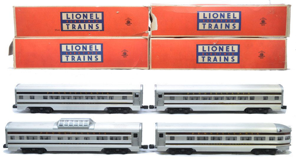 Lionel PRR Congressional 2544 2543 2542 2541 OBs: Lionel postwar aluminum Pennsylvania Congressional passenger cars including; 2544 Molly Pitcher Pullman, 2543 William Penn Pullman, 2542 Betsy Ross vista dome and a 2541 Alexander Hamilton observation
