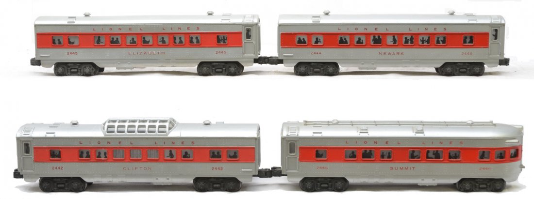 Lionel Silver Pass Cars 2444 2445 2442 2446: Lionel postwar silver passenger cars with red lettering and window stripe including; 2444 Newark Pullman, 2445 Elizabeth Pullman, 2442 Clifton vista dome and a 2446 Summit observation. Cars are C6.