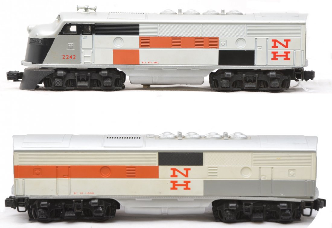 Lionel 2242 New Haven F3 AB Diesels: Lionel postwar 2242 New Haven F3 AB diesel units. The frames on both units have been restored and the shells have been partially restored.