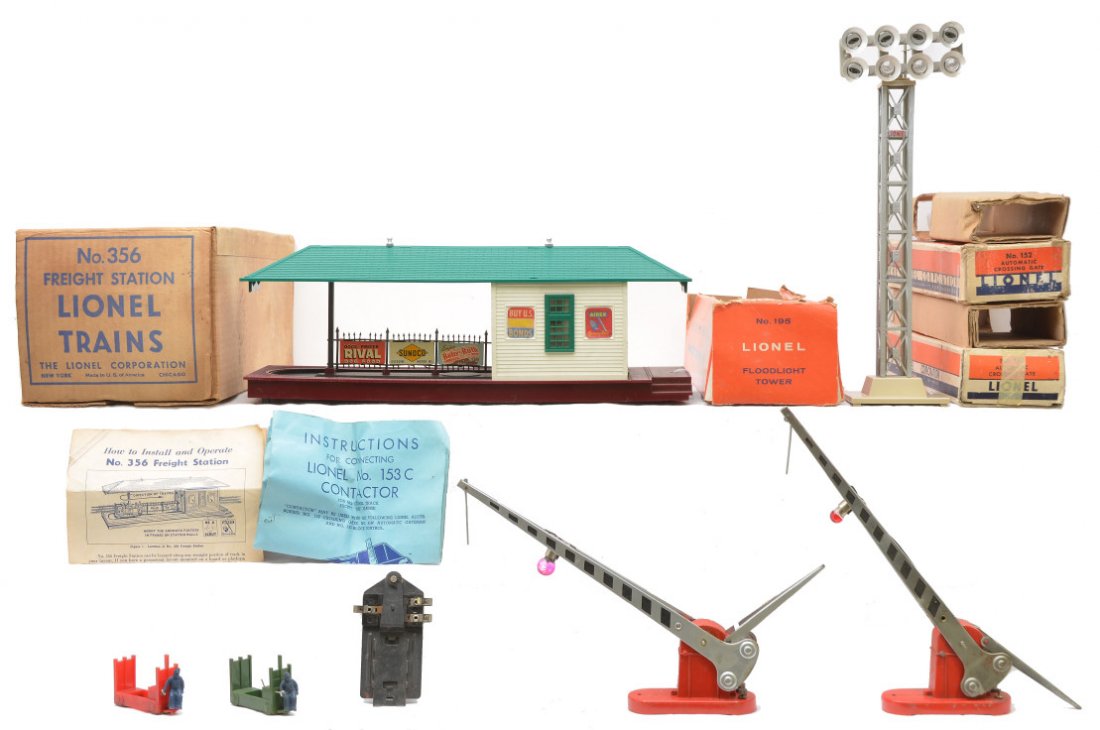 Lionel 2-152 Crossing Gates 356 Station 195 OBs: Lionel postwar two 152 automatic crossing gates both in worn OBs that have original cardboard inserts, one instruction sheet and a 153C contactor. Also included is a 356 freight station with two hand 