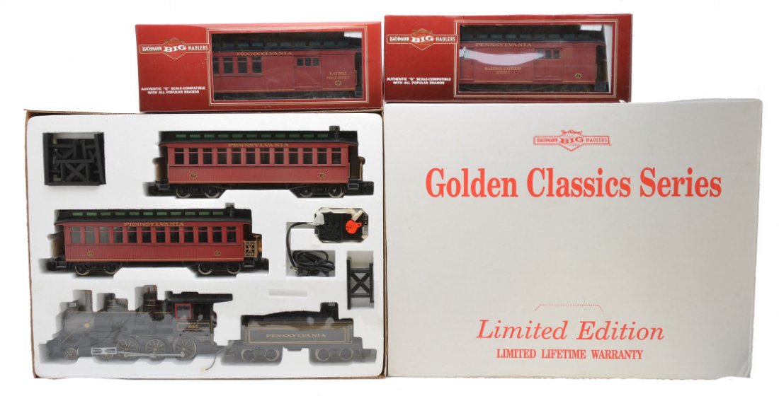Bachmann PRR Pass Set 97497 97197 OBs: Bachmann G scale Golden Classics Series Limited Edition Pennsylvania passenger set in OB including; Loco, tender and two coaches. Also included are Bachmann G scale 97497 PRR baggage and 97197 PRR com