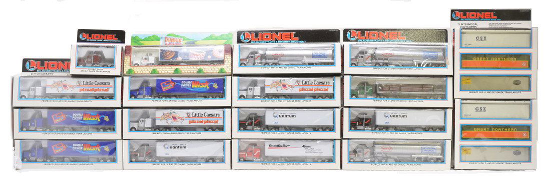 Lionel Selection of Tractor and Trailer Sets: Lionel tractor trailers including; three 12836 Santa Fe Quantum, three 12837 Humble Oil, three 12864 Little Caesars, three 12865 Wisk, 12806 Lionel Lumber, 12833 Roadrailer, 12861 die cast metal tract