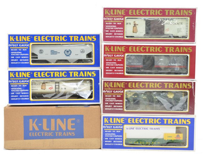 K-Line K-6620 K-6435 K-649104 TCA Cars: K-Line freight cars including; K-6620 flatcar w/trailer 1989 TCA, BakerÕs Chocolate tank NETCA 1988, TCA 33rd North Caroline hopper, K-6435 Bakers Chocolate boxcar, Ewing Oil tank and a K-649104 M.R.