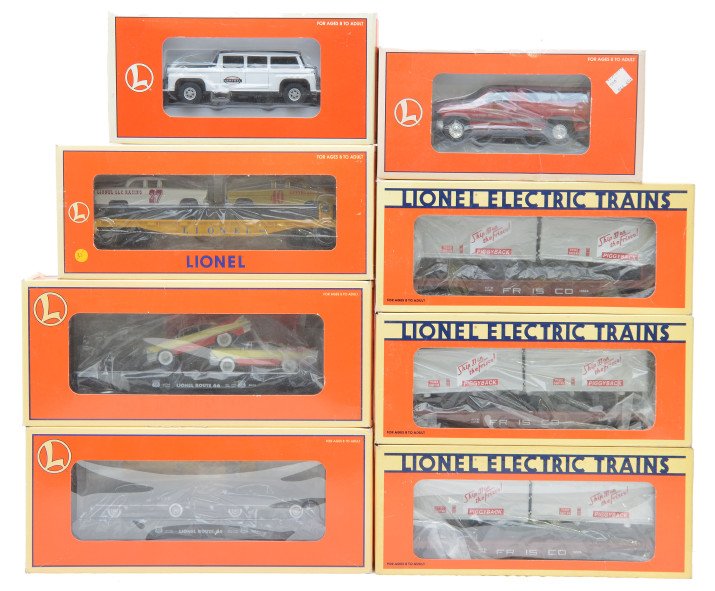 Lionel 16926 17536 17537 18430 18436 19423 OBs: Lionel three 16926 Frisco flatcars with trailers, 17536 Route 66 flatcar with automobiles, 17537 Route 66 flatcar with automobiles, 18430 NYC crew car, 18436 Dodge Ram inspection vehicle and a 19423 L