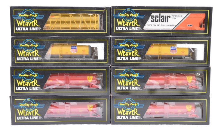 Weaver 3-Rail Freight Cars D&H UP Tanks MIB: Weaver 3-rail freight cars including; four Delaware & Hudson 40Õ tank cars; two no. 50, 54 and 57, two Union Pacific 40Õ tank cars, one 0219 and one 0610, Union Pacific 40Õ stock car no. U4303 and 