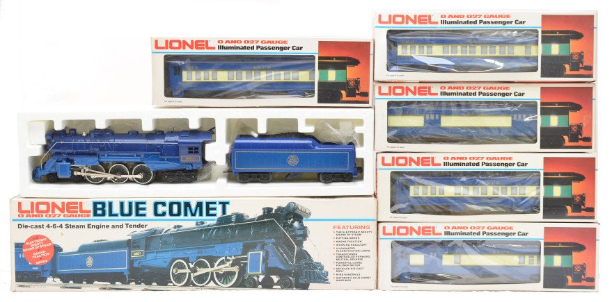 Lionel Blue Comet 8801 9536 9537 9538 9539 9540: Lionel Blue Comet passenger set in OBs including; 8801 die cast 4-6-4 steam loco and tender, 9536 baggage, 9537 combo, 9538 and 9539 Pullmans and a 9540 observation, The loco has a faint test run and 