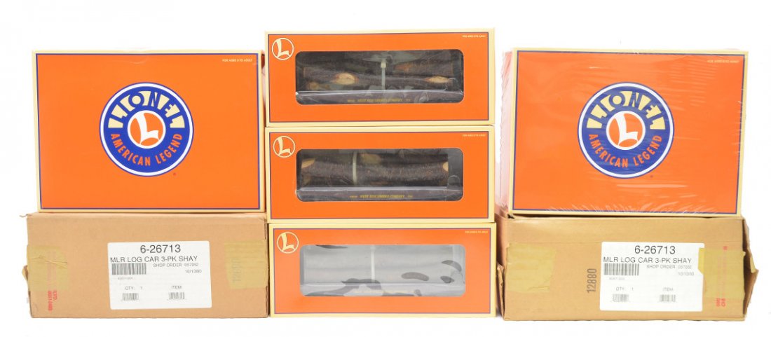 Lionel two 26716 WM 3-Pk Flatcar w/Logs: Lionel two 26713 West Maryland 3 pack flatcar with logs each including; 26714, 26715 and 26716 all in individual OBs, master carton and outer shipping carton. One of the sets is factory sealed. Sets a