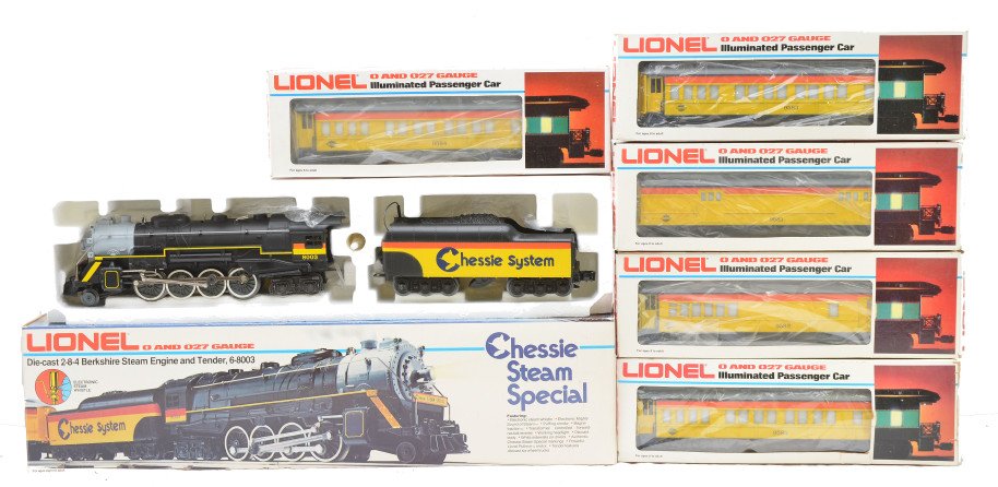 Lionel Chessie Steam Special Set 8003 9581-9585: Lionel Chessie Steam Special passenger set including; 8003 die cast 2-8-4 Berkshire steam engine and tender, 9581 baggage, 9582 combo, 9583 coach, 9584 coach and 9585 observation all in OBs. The set i