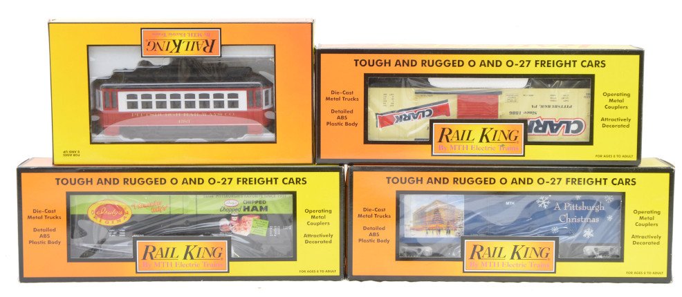 RK MTH Pittsburgh 30-7846 30-74095 30-74090: Rail King by MTH Pittsburgh freight cars including; 30-7846 IsalyÕs Chipped Chopped Ham modern reefer, 30-74095 Clark Candy Bar boxcar and a 30-74090 Christmas boxcar all in OBs. Also included is a 3