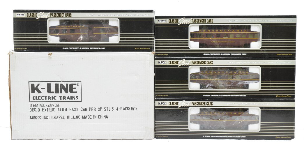 K-Line PRR Spirit of St. Louis Pass Cars LN OB: K-Line Pennsylvania Spirit of St. Louis extruded aluminum passenger cars including; K4680-14620 diner, K4680-18060 City of Reading Pullman, K4680-14149 coach and a K4680-18424 Alexander Johnston Cassa