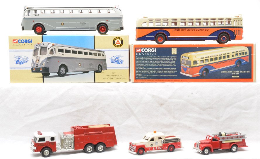 Ertl Fire Truck Corgi Buses Corgi Fire Trucks: Ertl die cast fire truck, two Corgi die cast buses in OBs and two Corgi fire trucks, C8.
