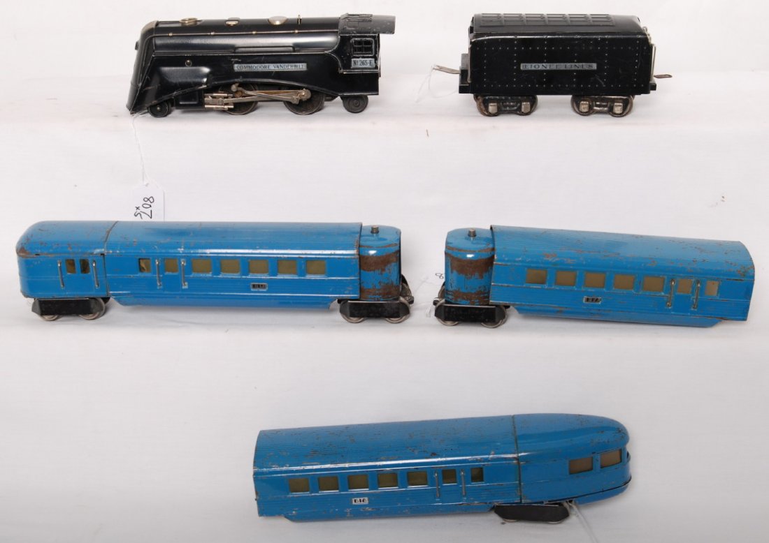 Lionel 6510E: 265E, 265T, 617, 618, 619 M. Blue: Very hard to find Prewar Lionel O gauge 6510E promotional set: 265E Commodore Vanderbilt streamline steam locomotive with 265T tinplate tender, 617 coach, 618 observation, and 619 combine, passenger c