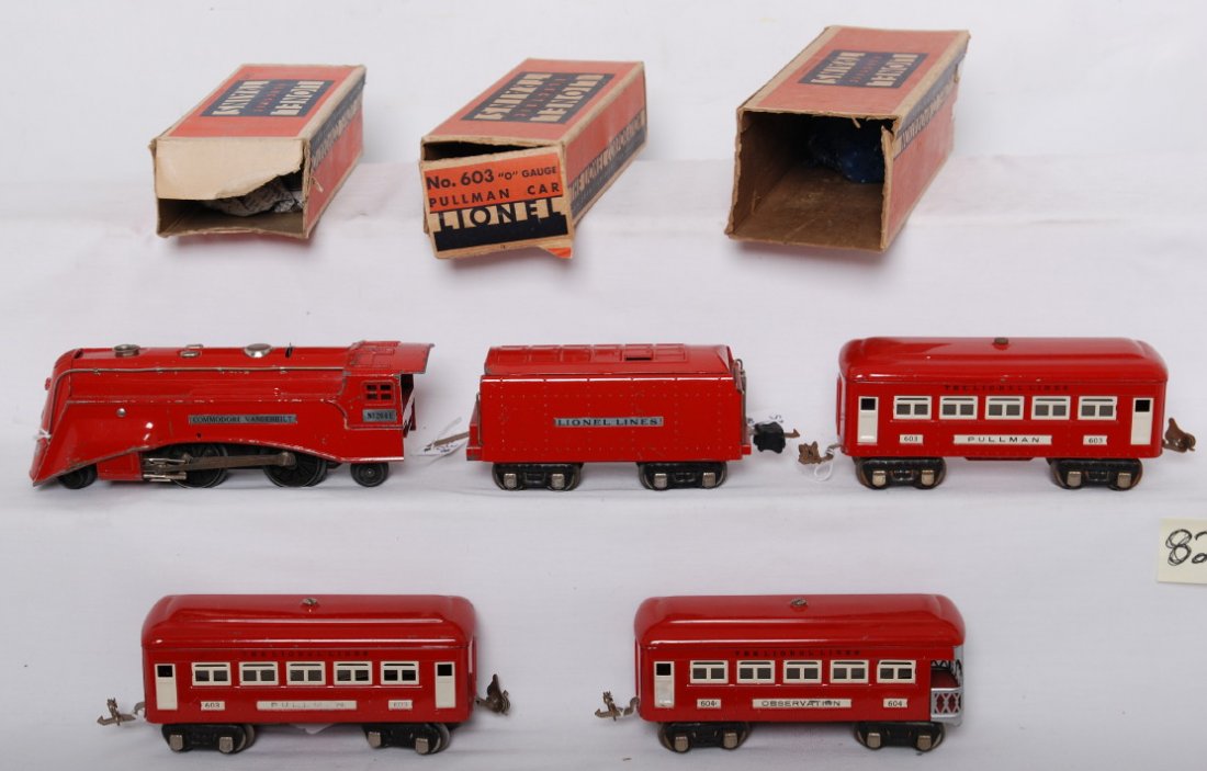Lionel Red Comet passenger train set w/some OB: Prewar Lionel O gauge Red Comet steam passenger train with some original boxes, 264E Commodore Vanderbilt streamline steam locomotive with 265W whistle tender, two 603 Pullman, and a 604 observation, 