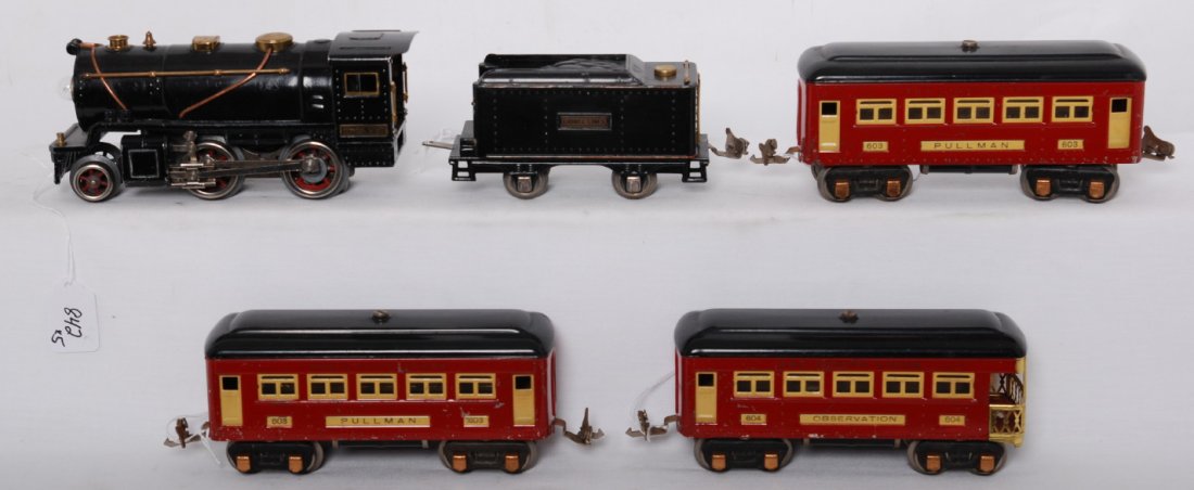 Lionel 257, 257T, 603, 603, 604 steam passenger: Prewar Lionel O gauge 257 steam locomotive and 257T tender with two 603 Pullman, and 604 observation. Car roofs are repainted, C6.