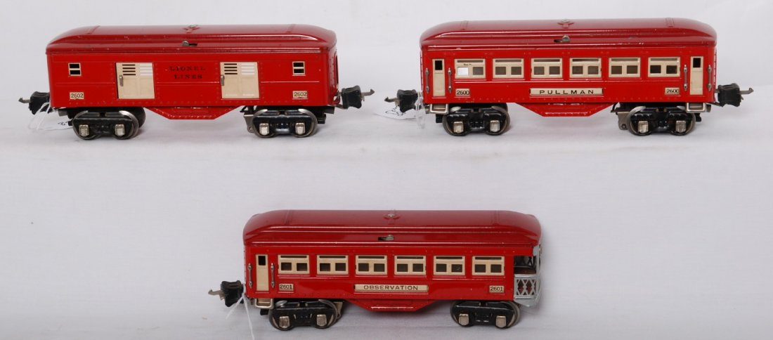 Lionel 2600, 2601, 2602 red passenger cars: Prewar Lionel O gauge red passenger cars, 2600 Pullman, 2601 observation, 2602 baggage, C6-7.