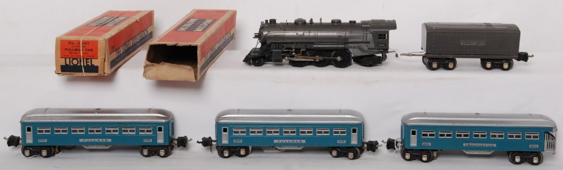 Lionel 1666E, 1689T, 2640, 2640, 2641 passenger: Prewar Lionel O gauge 1666E steam locomotive and 1689T tender with two 2640 Pullman, 2641 observation, roofs look like old repaints, C6. Two 2640 OB missing flaps included.