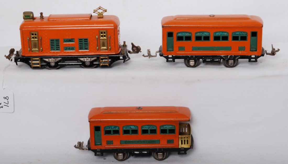 Lionel 248 box cab electric, 629, 630 passenger ca: Prewar Lionel O gauge 248 box cab electric locomotive with 629 Pullman and 630 observation, passenger cars, C6. 529 body is missing all mounting tabs and was glued to frame once. Sold as is with no re