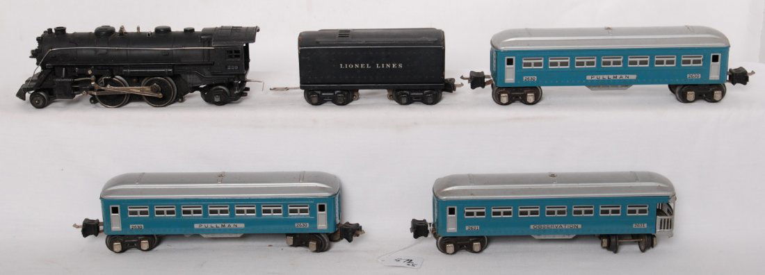 Lionel 229 steam loco, 2689W, two 2630 Pullman, 26: Prewar Lionel O gauge 229 steam locomotive and 2689W whistle tender, two 2630 Pullman, 2631 observation, passenger cars C6. 2631 is missing coupler key.