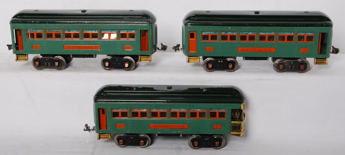 w/339, 339, and 341 passenger cars: Prewar Lionel standard gauge passenger cars in peacock with green roofs, two 339 Pullmans and 341 observation, passenger cars, C6.