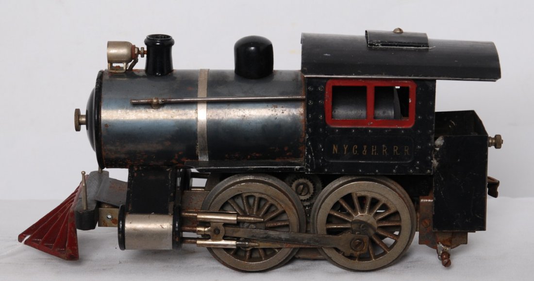 Lionel No. 5 steam 0-4-0 locomotive w/thick NYC&HR: Prewar Lionel standard gauge No. 5 steam 0-4-0 locomotive with couple solder repairs, one to body. Loco has thick rim drivers and N.Y.C.&H.R.R.R. lettering C5-6. Will clean and polish to look better.