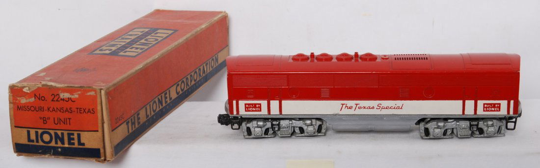 Lionel 2245C MKT The Texas Special F3b unit in OB: Rare Postwar Lionel O gauge 2245C Missouri Kansas Texas, The Texas Special, F3b diesel locomotive unit without portholes in original box with restoration and reproduction insert. Train has repainted f