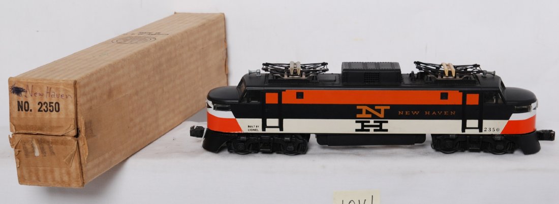 Lionel 2350 New Haven EP-5 electric locomotive in: Postwar Lionel O gauge 2350 New Haven EP-5 electric locomotive with orange N, decal nose in original box, C6-7 with a hairline in one nose. Box has a little tape, a little writing, C8 in shape.