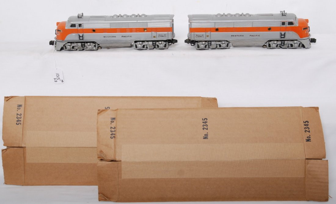 Lionel 2345 Western Pacific F3 AA diesel locos: Postwar Lionel O gauge 2345 Western Pacific F3a diesel locomotives, C6 with some touchups. Reproduction boxes included.