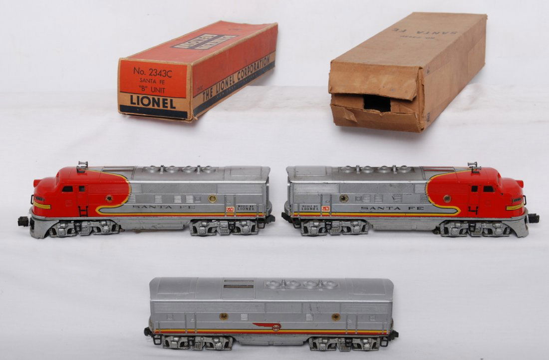 Lionel 2343 Santa Fe F3 A-B-A diesel locomotives: Postwar Lionel O gauge 2343P, 2343C, 2343T Santa Fe F3 A-B-A diesel locomotives with screened roof vents and original porthole lens, C6 area. 2343C OB missing flaps, clear tape. 2343P OB C7-8.