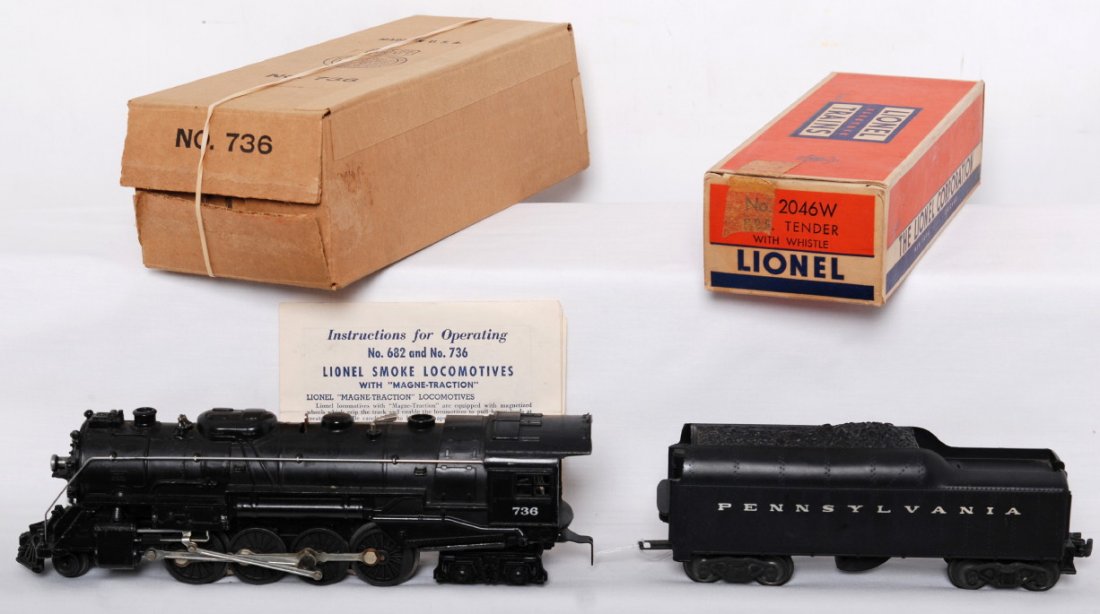 Lionel 736 steam loco and 2046W tender in OB: Postwar Lionel O gauge 736 steam loco and 2046 Pennsylvania whistle tender, in original boxes C7-8. Loco box has a some writing and tender box has some older masking tape, O/W C8-9.