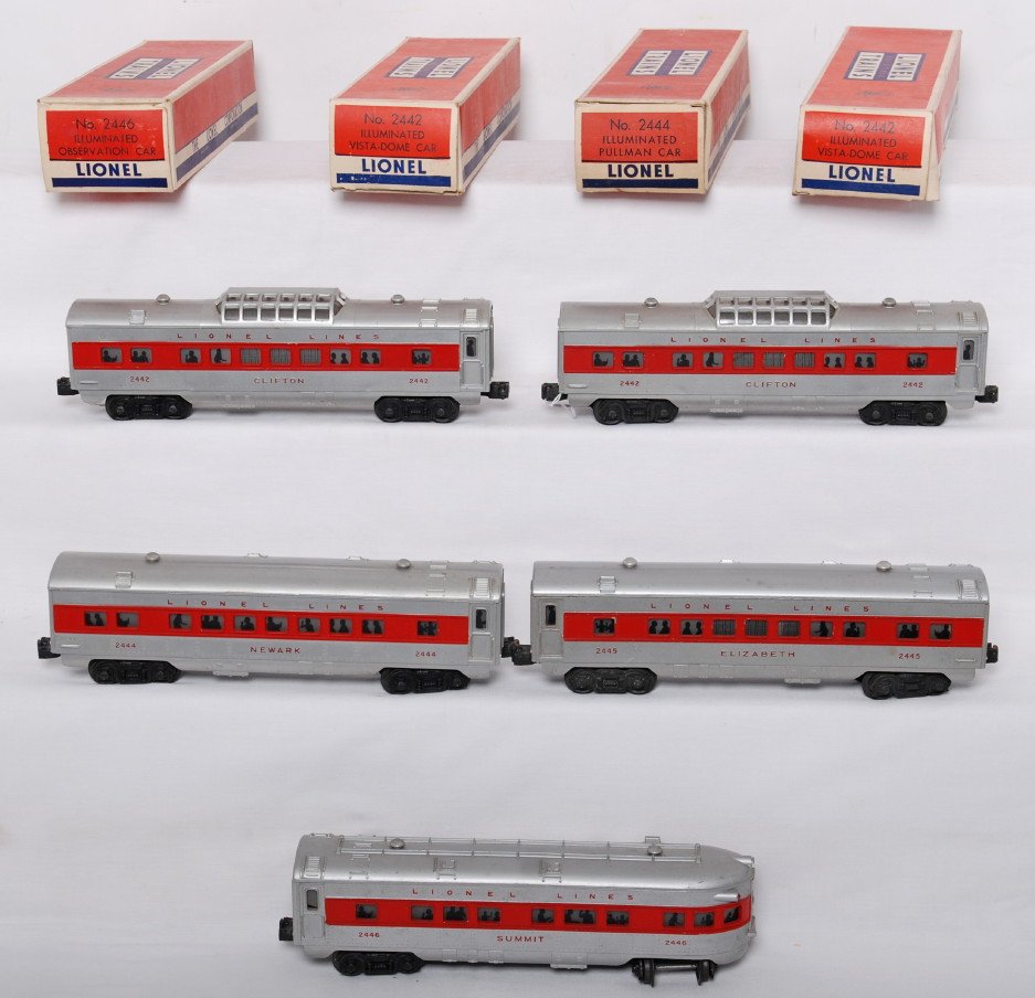 Lionel 2442, 2442, 2444, 2446 red stripe passenge: Postwar Lionel O gauge red stripe passenger cars, with four original boxes. Two 2442 Clifton Pullman coaches, 2444 Newark Pullman coach, and 2446 Summit observation, passenger cars, C6 area.