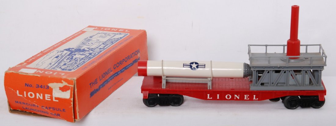 Lionel 3413 Mercury capsule launching car in OB: Postwar Lionel O gauge 3413 Mercury capsule launching car in original box, should clean unrun C9. Box is missing an inner flap, light wear, fairly square and solid.