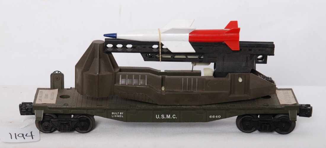 Lionel 6640 U.S.M.C. rocket launcher Production S: Rare Postwar Lionel O gauge factory production sample 6640 U.S.M.C. rocket launcher, unrun, C7-8 with some shelf dust. Marked with original sample tags- MAY 18, 1960 and PRODUCTION SAMPLE DEPT. Train 