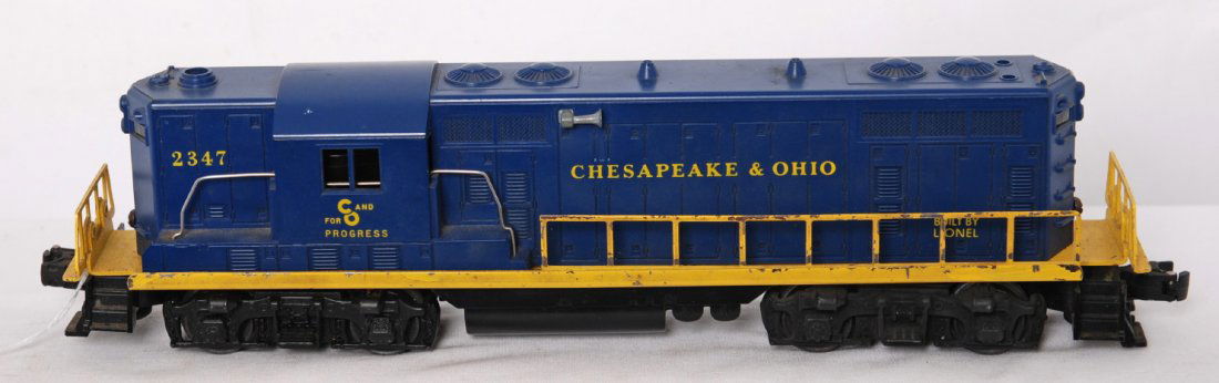 Lionel Sears 2347 Chesapeake and Ohio GP-7 loco: Postwar Lionel Sears O gauge 2347 Chesapeake and Ohio GP-7 diesel locomotive, loco has hairlines at both screws, touch ups to frame. C6 area.