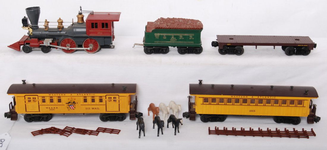 Lionel 1800 General Gift Pack set w/1862 loco and: Postwar Lionel No. 1800 General Gift Pack set with 1862 WARR General steam locomotive with 1862 WARR tender, 1877 flatcar with horses and railing, 1865 Western and Atlantic Railroad passenger coach, a