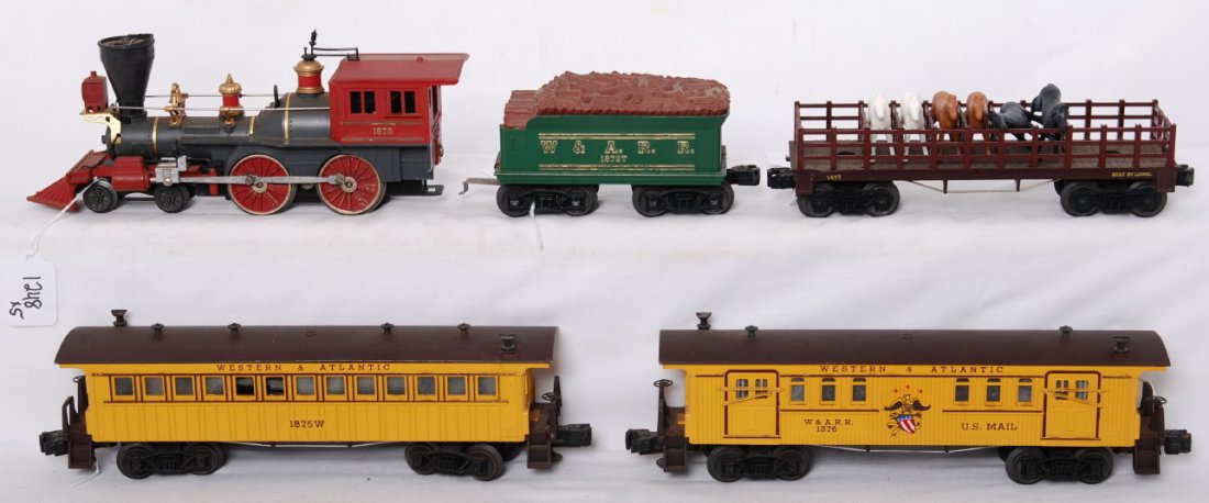 Lionel 2528WS General set w/1872 WARR loco: Postwar Lionel O gauge 2528WS General passenger set with 1872 Western and Atlantic Railroad steam locomotive and 1872T tender with 1877 flatcar w/horses and railing, 1875W passenger coach with whistle