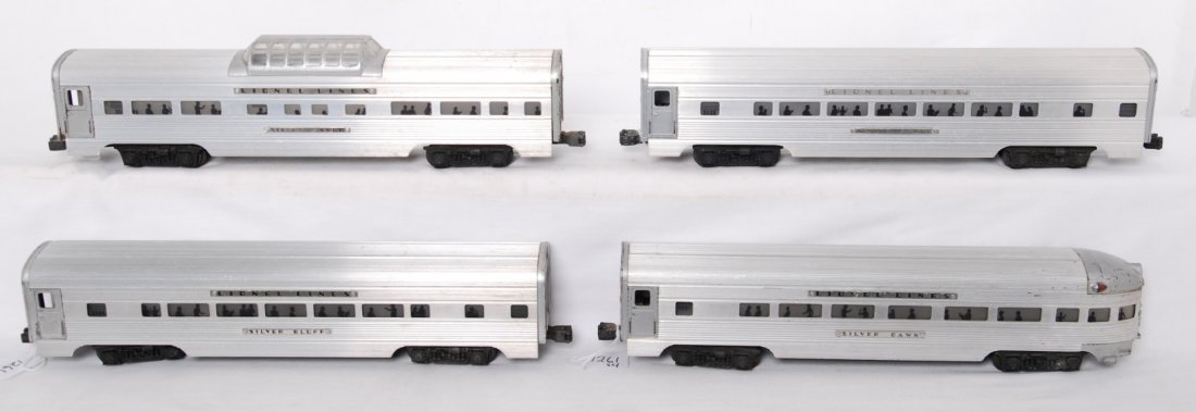 Lionel 2531, 2532, 2533, 2534 aluminum passenger : Postwar Lionel O gauge aluminum passenger cars, 2531 Silver Dawn observation, 2532 Silver Range vista dome, 2533 Silver Cloud Pullman, and 2534 Silver Bluff Pullman, C6 with some surface rust on some 