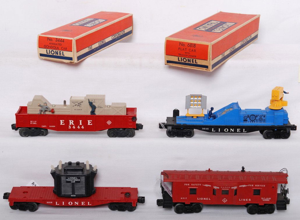 Lionel 6818, 3444, 3545, 6517, w/two OB: Postwar Lionel O gauge 6818 transformer car, 3444 Erie animated gondola, 3545 TV car, and 6517 caboose w/underlines. Trains should clean and polish C7-8. 3444 and 6818 boxes missing flaps included.