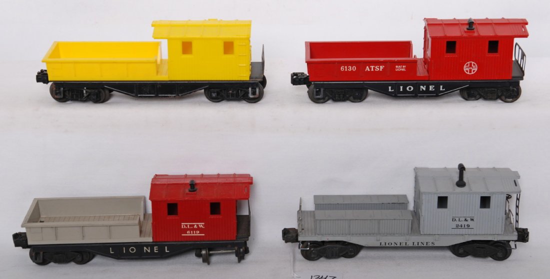 Lionel 6120, 6130, 6119, 2419 caboose lot: Postwar Lionel O gauge 2419 Delaware, Lackawanna (missing brake wheel), and Western, 6119 Delaware, Lackawanna, and Western, 6120 unmarked yellow, and 6130 Santa Fe, work cabooses/wrecking cars. A few